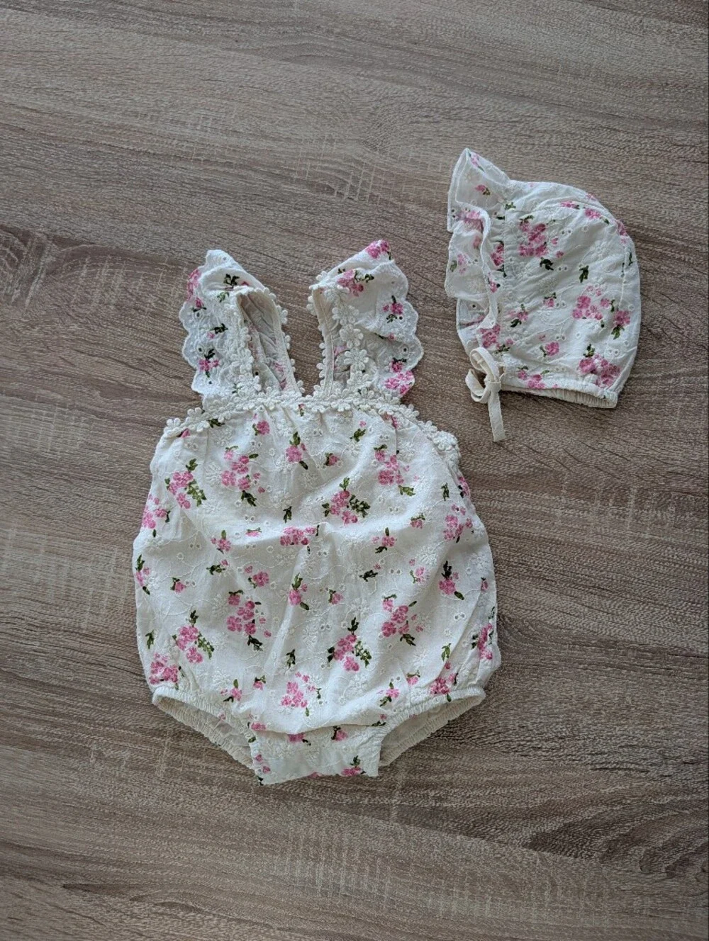 Zara Floral Eyelet Romper With Bonnet